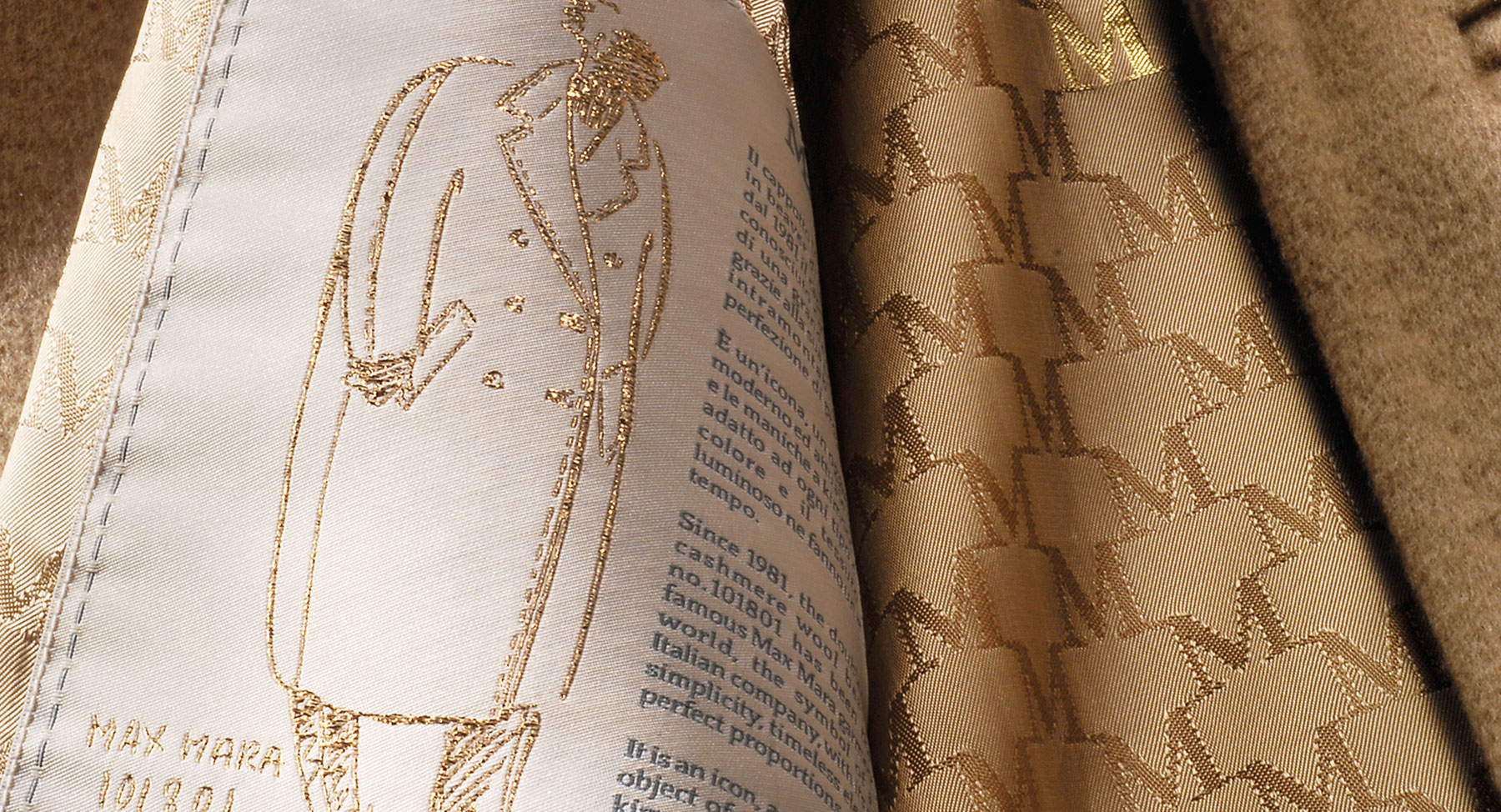 Close-up of the inside of the Max Mara 101801 icon coat, with monogram M lining and embroidered garment label. 
